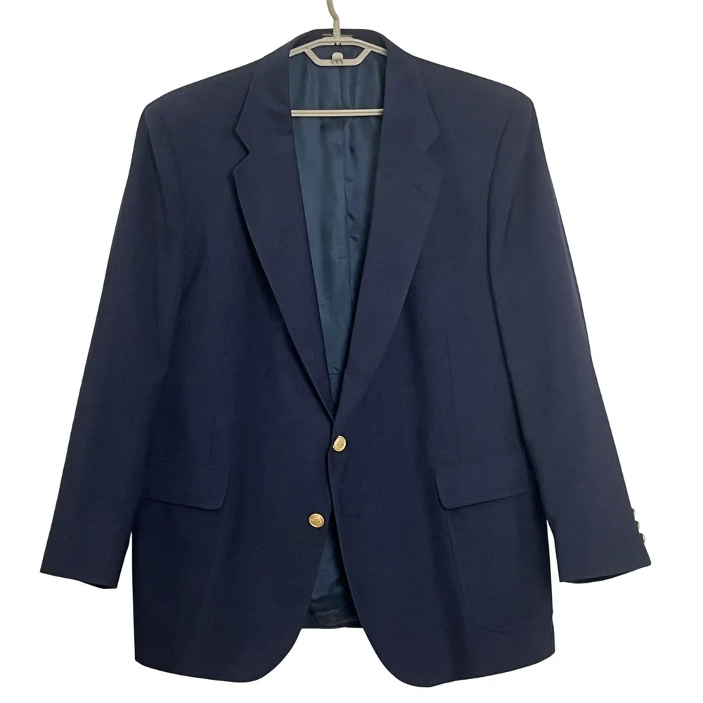David Taylor Mens Blazer 46R Navy Blue Gold Crest Buttons Sport Coat Jacket